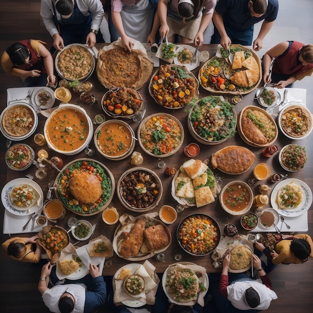 Vista dall'alto sul banchetto alimentare