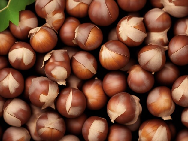 Vista dall'alto sul mucchio di castagne su sfondo scuro mucchio di castagne per sfondo alimentare ai generato