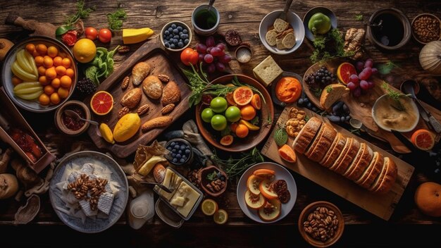 Vista dall'alto sul tavolo di legno pieno di cibo e ingredienti