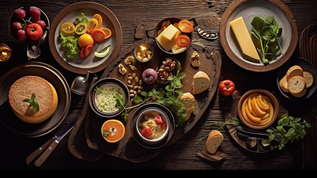 Vista dall'alto sul tavolo di legno pieno di cibo e ingredienti