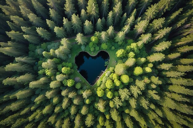 Vista dall'alto sulla forma di un cuore nella foresta