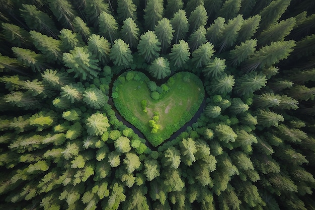 Vista dall'alto sulla forma di un cuore nella foresta