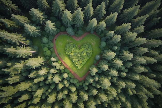 Vista dall'alto sulla forma di un cuore nella foresta