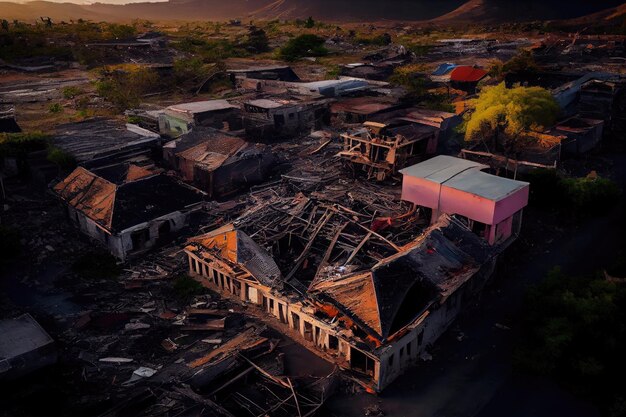 Vista dall'alto sulle case in rovina nella città di palu dopo che il disastro è tornato alla normalità