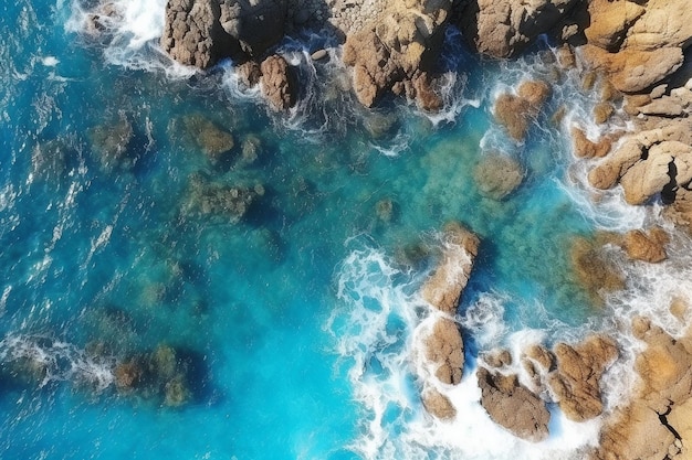 Vista dall'alto sullo sfondo dell'acqua turchese dal paesaggio marino estivo dei droni