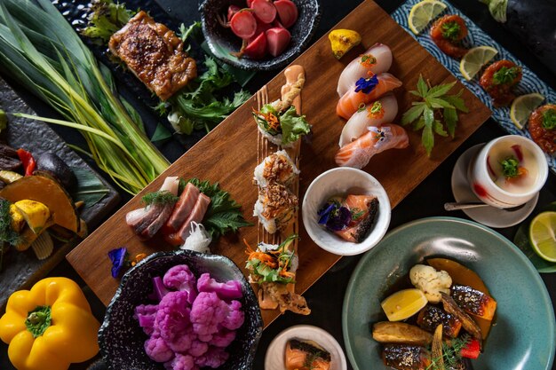 Vista dall'alto Sushi giapponese kaiseki raffinato piatto da pranzo combinato su tavola di legno con verdure dis
