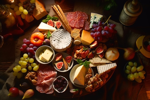 Vista dall'alto Tagliere di salumi e formaggi gourmet AI Generato