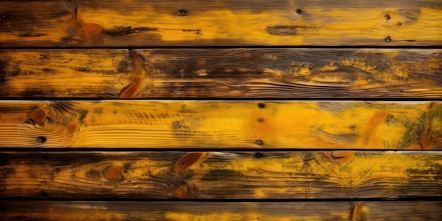 Vista dall'alto Tavolo in legno Struttura in legno sfondo giallo IA generativa