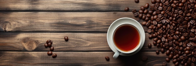 Vista dall'alto Tazza di caffè e fagioli sul vecchio tavolo da cucina Copyspace per il testo Ai generativa