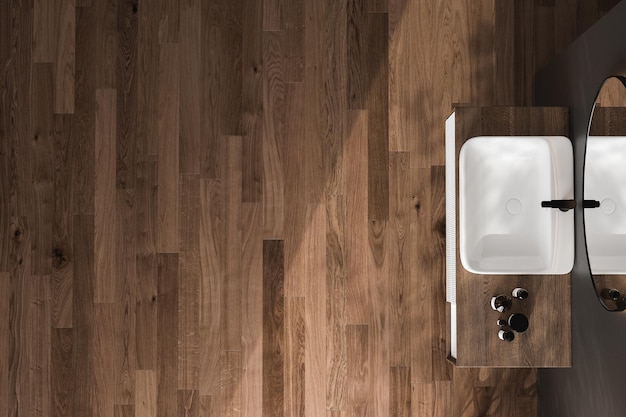 Vista dall'alto un bancone in legno con lavabo in ceramica bianca e rubinetto in stile moderno in un bagno con luce solare mattutina e ombra Spazio vuoto per il mockup di visualizzazione dei prodotti Rendering 3D
