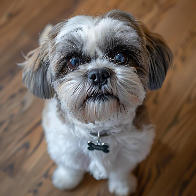 vista dall'alto Un shih tzu attento guarda con aspettativa