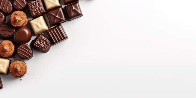 vista dall'alto una barra di cioccolatini nell'angolo laterale su sfondo bianco copia spazio