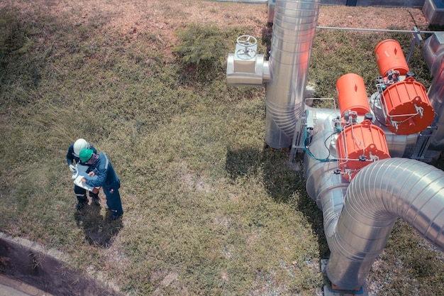 Vista dall'alto valvola visiva della tubazione di ispezione dei due lavoratori maschio