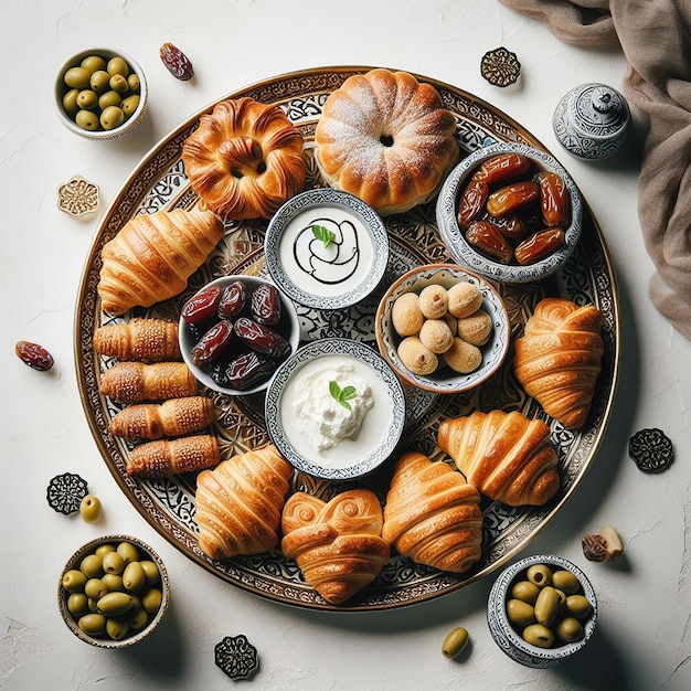 Vista dall'alto verso il basso del tradizionale Iftar distribuito con pasticcini datteri olive e Labneh su piatto decorativo