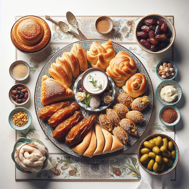 Vista dall'alto verso il basso del tradizionale Iftar distribuito con pasticcini datteri olive e Labneh su piatto decorativo