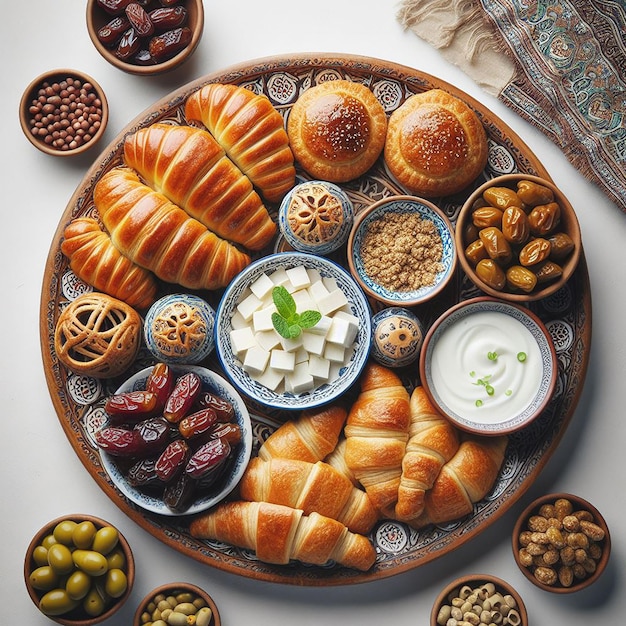 Vista dall'alto verso il basso del tradizionale Iftar distribuito con pasticcini datteri olive e Labneh su piatto decorativo