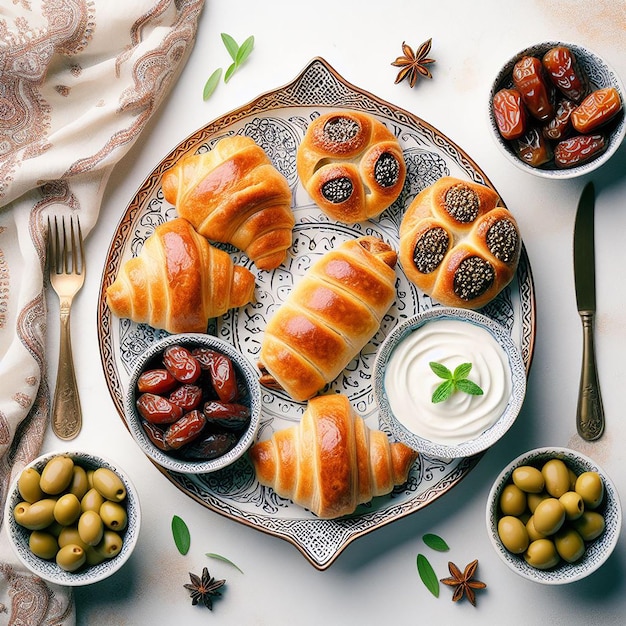 Vista dall'alto verso il basso del tradizionale Iftar distribuito con pasticcini datteri olive e Labneh su piatto decorativo