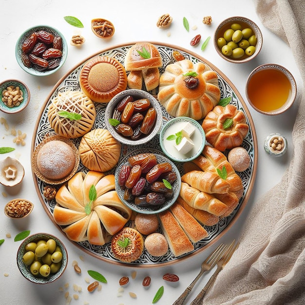 Vista dall'alto verso il basso del tradizionale Iftar distribuito con pasticcini datteri olive e Labneh su piatto decorativo