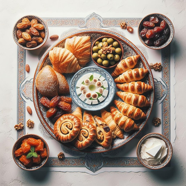 Vista dall'alto verso il basso del tradizionale Iftar distribuito con pasticcini datteri olive e Labneh su piatto decorativo
