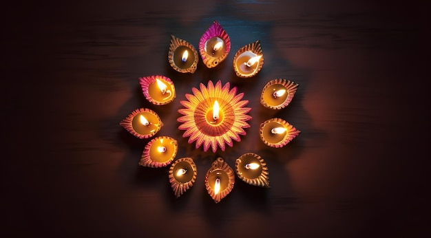 Vista dall'alto verso il basso della decorazione delle lampade a olio nel felice festival Diwali
