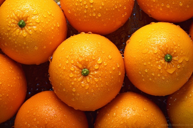 Vista dall'alto verso il basso di arance fresche con gocce d'acqua IA generativa