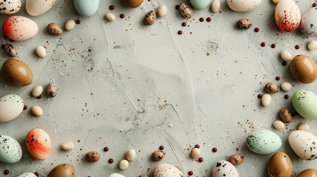 Vista dall'alto verso il basso di una cornice di confine di Pasqua di uova di rossignolo e uova di cioccolato con spazio di copia al centro