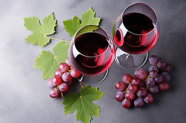 Vista dall'alto verticale di due bicchieri di vino su uno sfondo grigio di cemento che enfatizza il concetto di wi