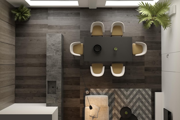 Vista dall'altoInterno minimalista nero del soggiorno moderno rendering 3 D