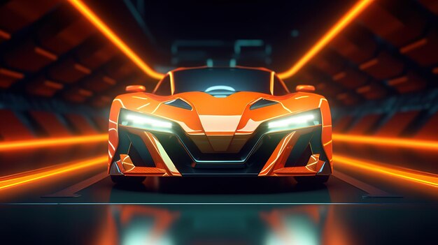 Vista dall'angolo anteriore di un'auto futuristica illuminata all'arancione al neon