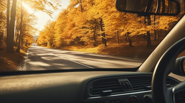 Vista dall'interno dell'auto che guida una strada di campagna in autunno vista posteriore creata con la tecnologia Generative AI