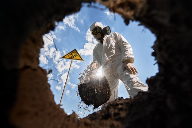 Vista dall'interno della fossa di un ecologista che scava la fossa con la pala e pianta un albero indossando una maschera antigas e una tuta protettiva all'aperto in piedi vicino al simbolo di pericolo biologico che avverte di materiali biologici pericolosi