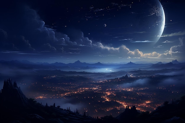 vista dalla cima di una montagna di una bellissima città, la luce della luna cinematografica, nuvole bellissime e magiche