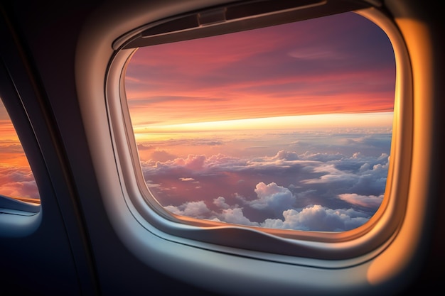 Vista dalla finestra dell'aereo sulle nuvole con il tramonto