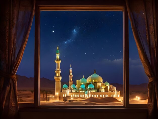 Vista dalla finestra della moschea musulmana di notte Ramadan Kareem