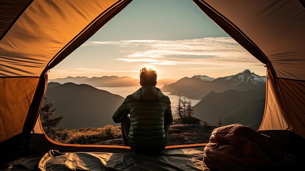 Vista dalla tenda Giovane uomo nel suo camper che osserva una buona vista di una montagna