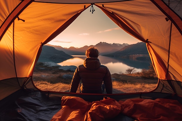 Vista dalla tenda turistica al fiume di montagna 1