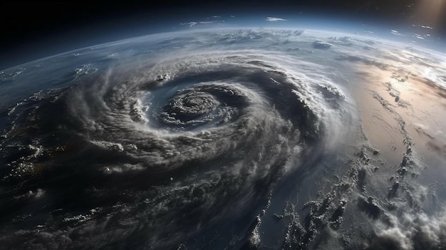 Vista dallo spazio dall'alto su un uragano tornado vortice di nuvole e vento una tempesta AI generato