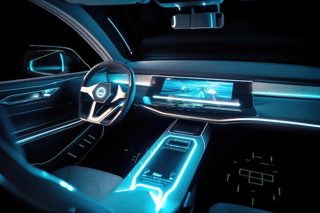 Vista degli interni futuristici dell'auto con display olografico e comandi sensibili al tocco