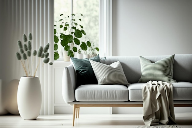 Vista degli interni in stile scandinavo moderno con divano