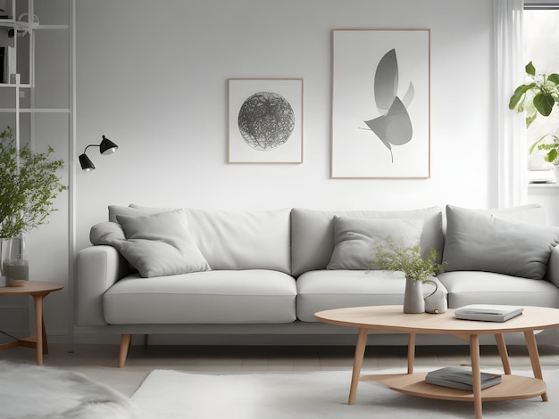vista degli interni moderni in stile scandinavo con divano vista ravvicinata generata ai