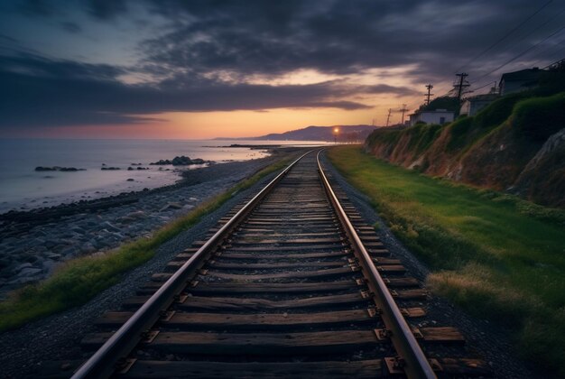 Vista dei binari ferroviari con la spiaggia ai generativa