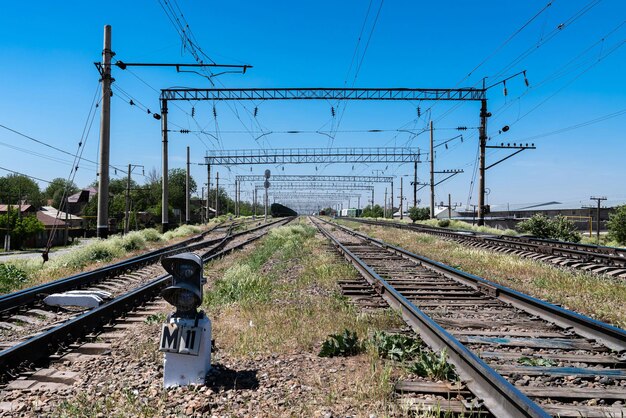 Vista dei binari ferroviari contro un cielo blu chiaro