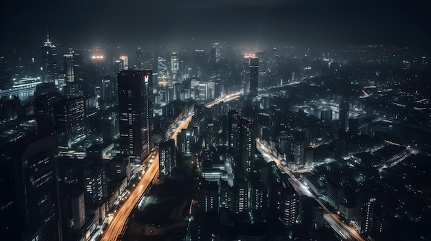 Vista dei grattacieli da drone di notte generativa ai