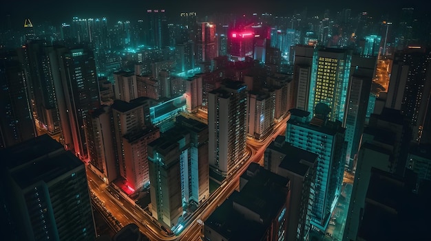 Vista dei grattacieli da drone di notte generativa ai