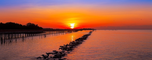 Vista dei ponti di legno e della costa all'alba, ponte di legno al mare al tramonto