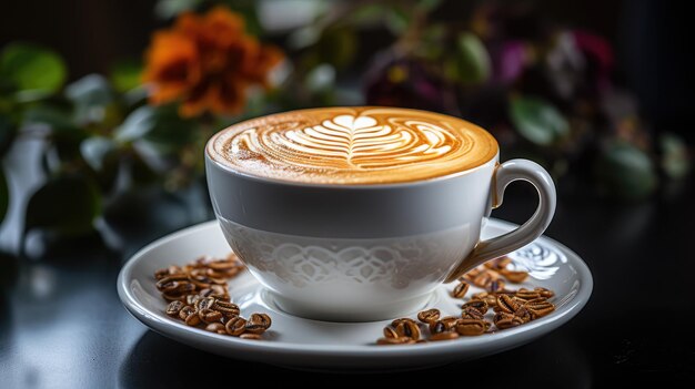 Vista del caffè caldo cappuccino con un bel caramello in tazza bianca su un tavolo di marmo