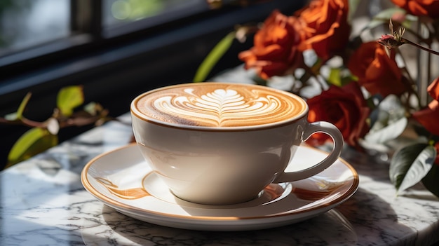 Vista del caffè caldo cappuccino con un bel caramello in tazza bianca su un tavolo di marmo