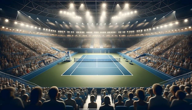 Vista del campo da tennis interno dalla rete con le luci dello stadio e un pubblico seduto