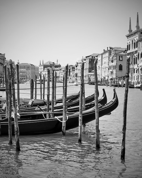 Vista del Canal Grande con gondole ormeggiate a Venezia, Italia. Fotografia in bianco e nero