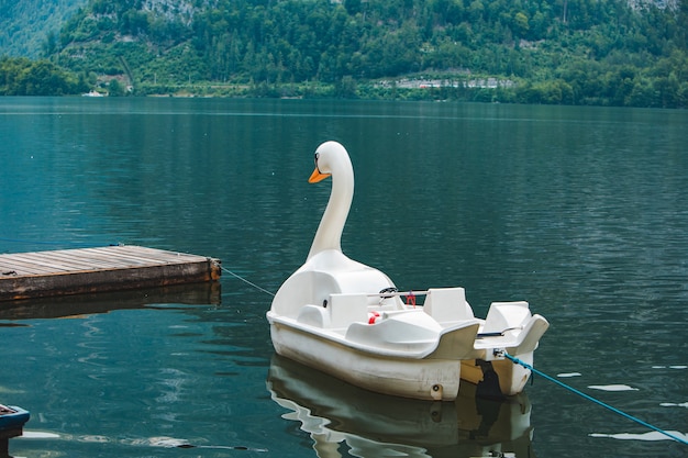 Vista del catamarano nel lago a forma di cigno nello spazio della copia delle montagne alpine